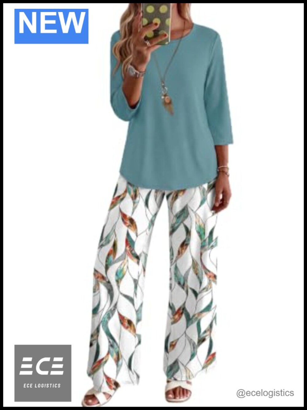 Two Piece Lounge Set 3/4 Sleeve Top & Printed Pants with Pockets